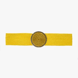 Cinturón tejido amarillo con hebilla redonda con strass