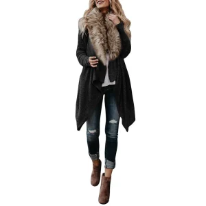 Abrigo Invierno Tejido Largo Cardigan Mujer Cuello Forrado